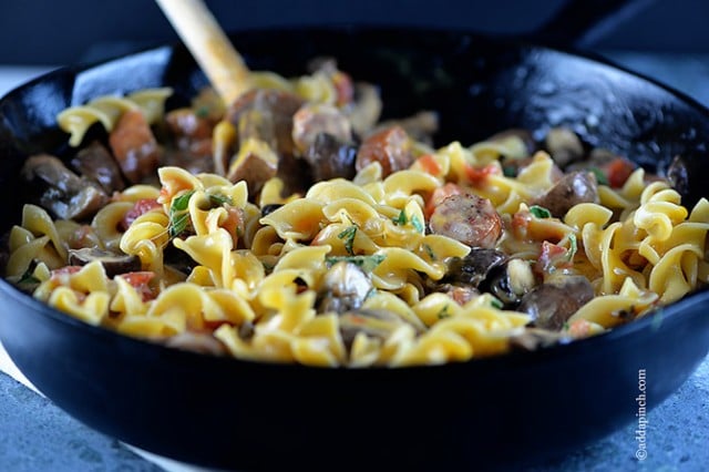 Cheesy Mushroom Sausage Pasta Skillet Recipe - Add a Pinch