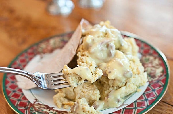 Image of easy giblet gravy recipe served on top of cornbread dressing. // addapinch.com