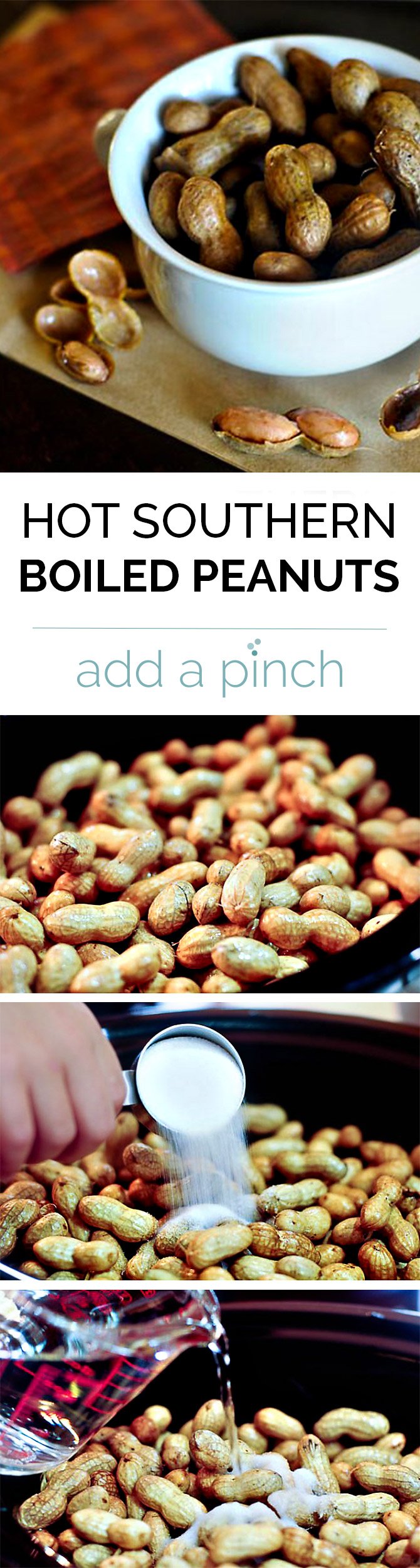 Hot Boiled Peanuts are a traditional Southern snack perfect for football games and fall drives! This easy version lets the slow cooker do all the hard work! // addapinch.com