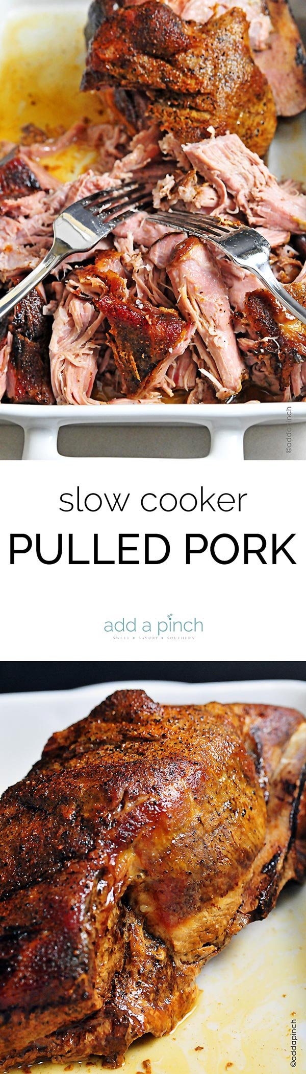 Slow Cooker Pulled Pork. A simple pork recipe prepared in the slow cooker. Easy and delicious for tons of favorite pulled pork recipes. // addapinch.com