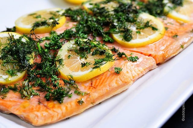 Lemon Dill Salmon on a white platter.