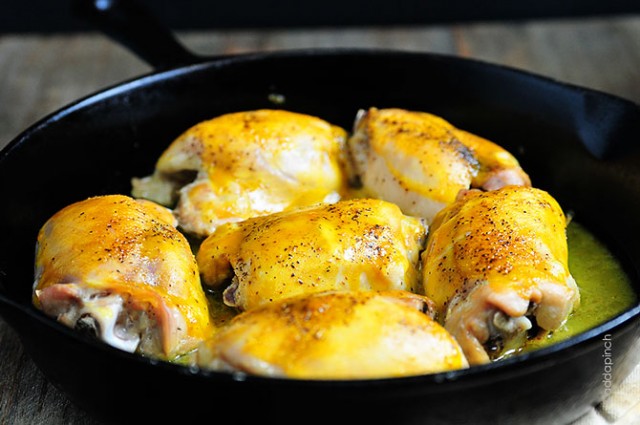Honey Mustard Roasted Chicken Thighs Recipe | © addapinch.com