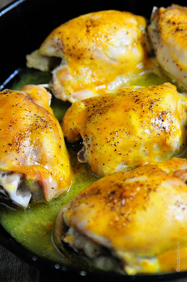 Honey Mustard Roasted Chicken Thighs Recipe | © addapinch.com