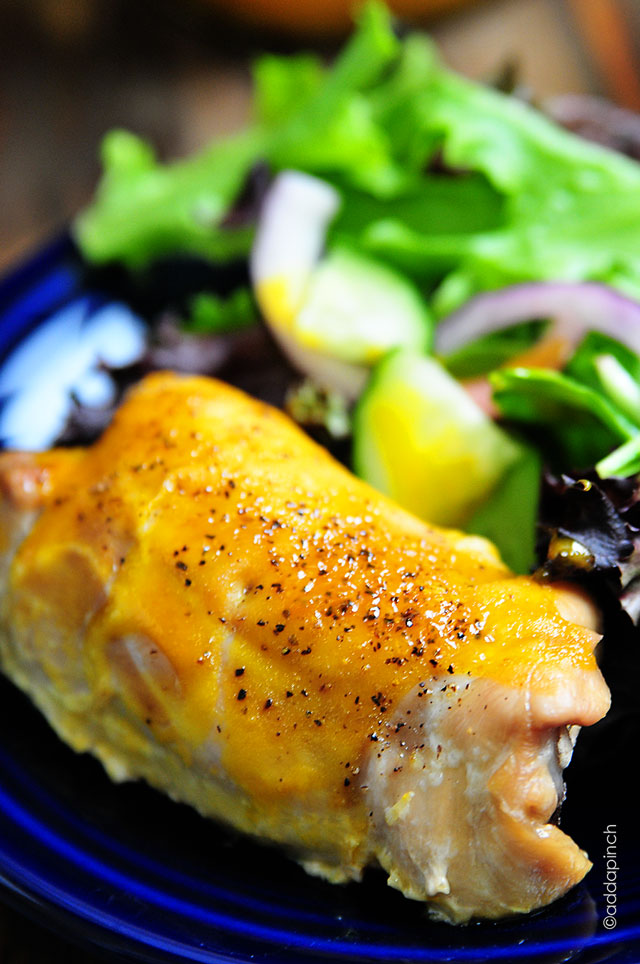 Honey Mustard Roasted Chicken Thighs Recipe | © addapinch.com