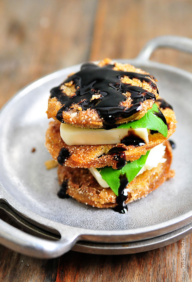 Fried Green Tomatoes Caprese Stacks Recipe | ©addapinch.com