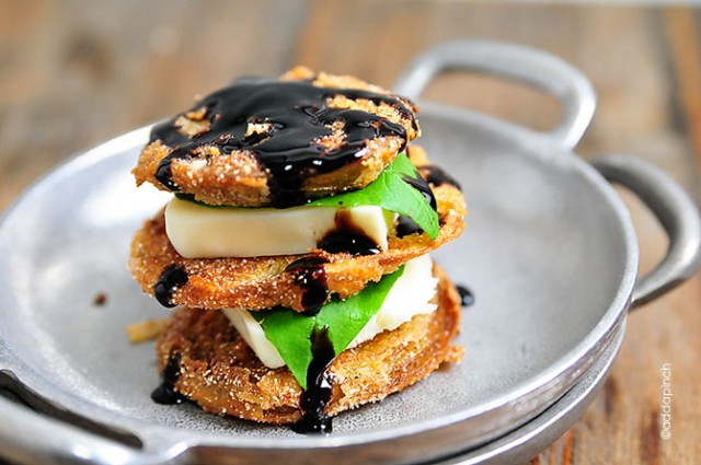 Fried Green Tomatoes Caprese Stacks Recipe | ©addapinch.com