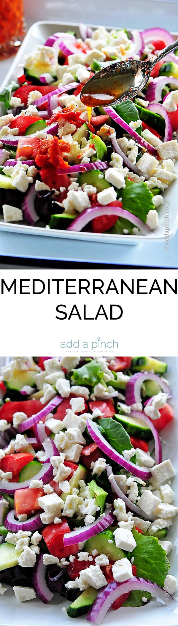 Mediterranean Salad makes a delicious recipe for a light meal or as a side dish when entertaining. Get this easy, elegant Mediterranean Salad recipe. // addapinch.com