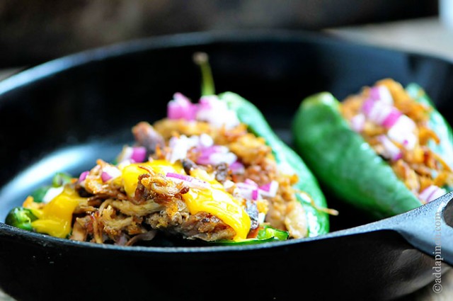 Pulled Pork Stuffed Poblano Peppers | ©addapinch.com