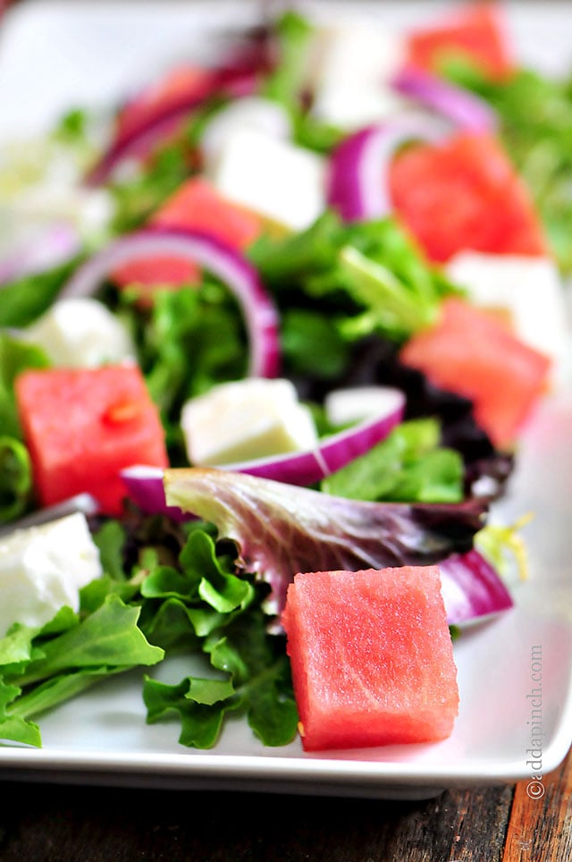 Watermelon Salad with Watermelon Vinaigrette Recipe | ©addapinch.com
