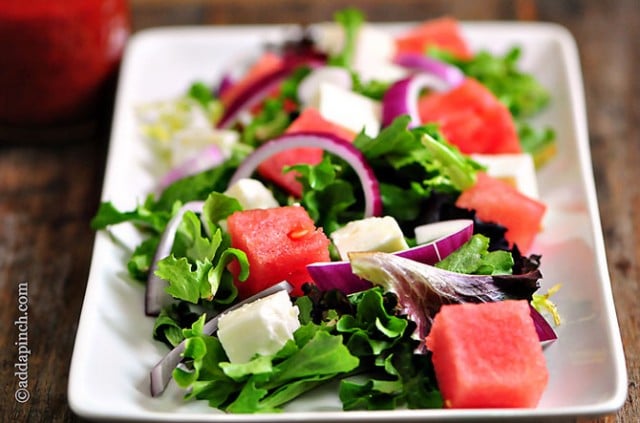 Watermelon Salad with Watermelon Vinaigrette Recipe | ©addapinch.com