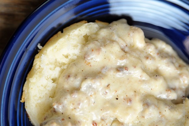 White Sausage Gravy Biscuits | ©addapinch.com