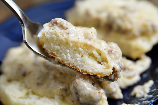 White Sausage Gravy Biscuits | ©addapinch.com