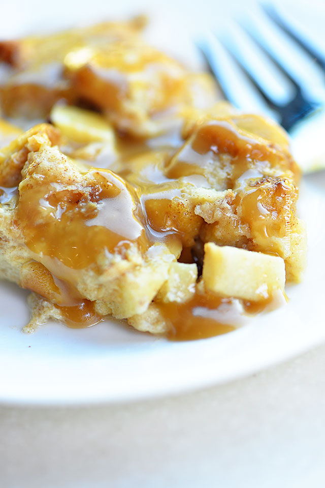 Cinnamon Apple Baked French Toast with Caramel Sauce | ©addapinch.com