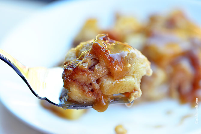Cinnamon Apple Baked French Toast with Caramel Sauce | ©addapinch.com