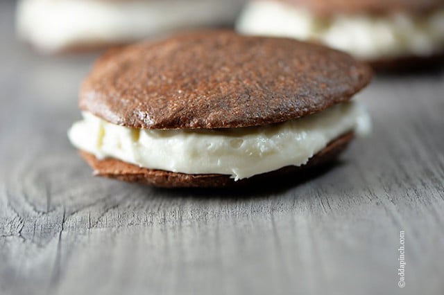 Peppermint Cream Chocolate Cookie Sandwiches | ©addapinch.com