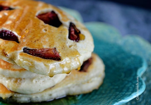 Roasted Strawberry Pancakes Recipe | ©addapinch.com