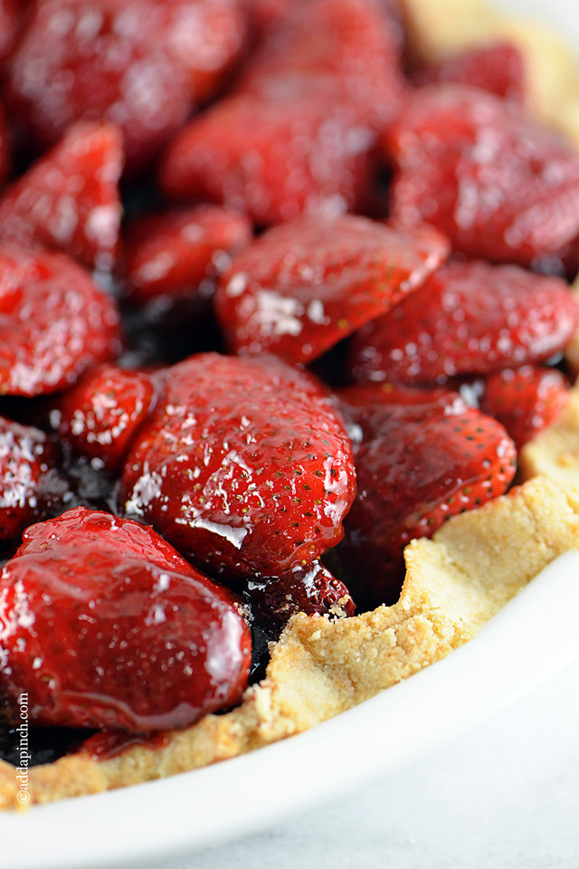 Closeup picture of Strawberry Pie with homemade Shortbread Pie Crust  ©addapinch.com