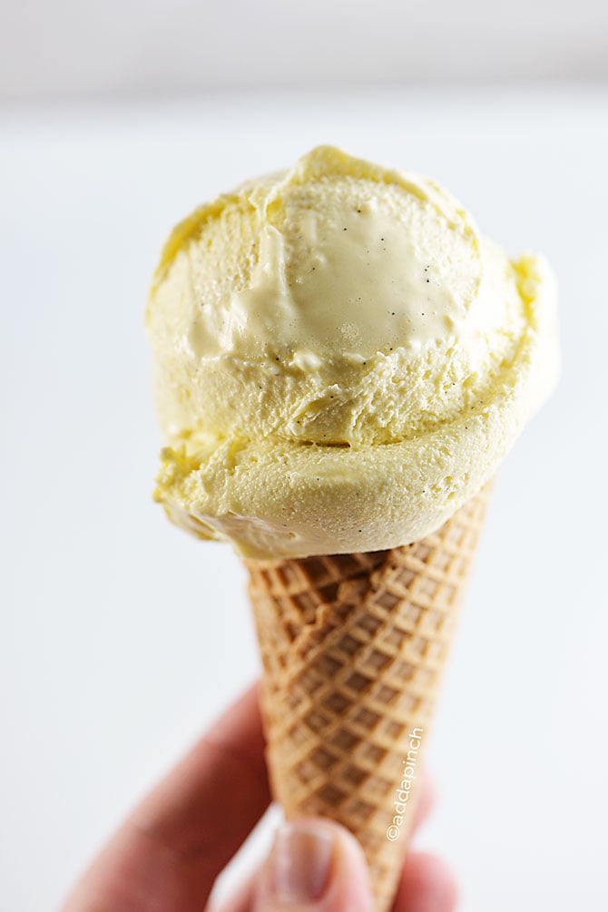 Creamy Vanilla Custard Ice Cream Recipe from addapinch.com