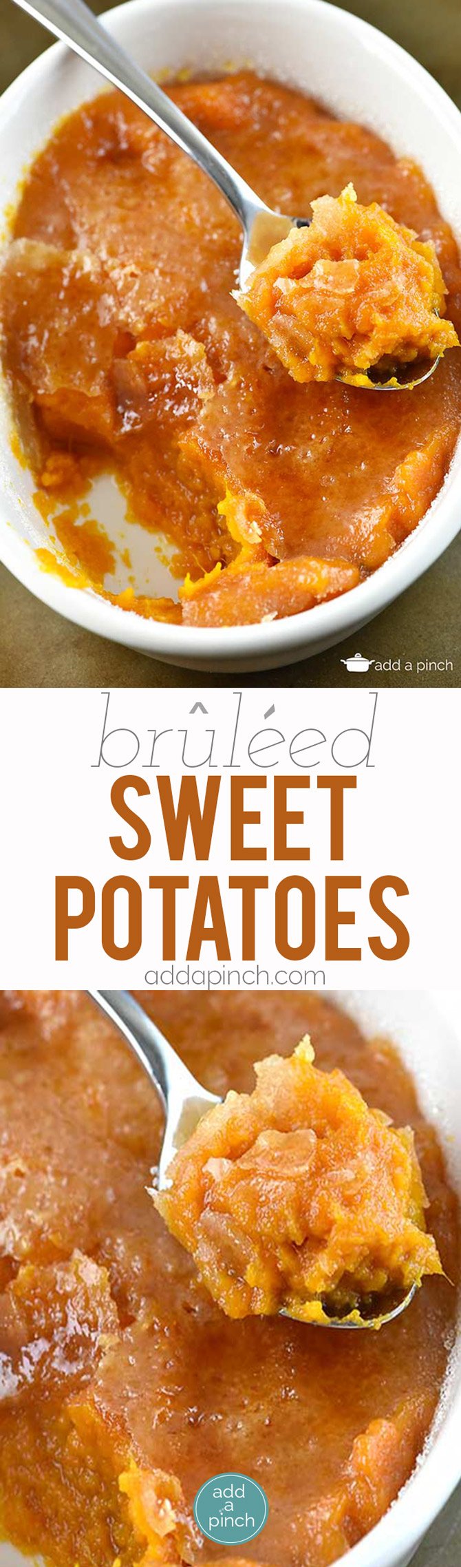 Bruleed Sweet Potatoes Recipe - This bruleed sweet potatoes recipe makes a delicious dessert. Creamy, flavorful sweet potatoes encased in a crunchy topping. // addapinch.com
