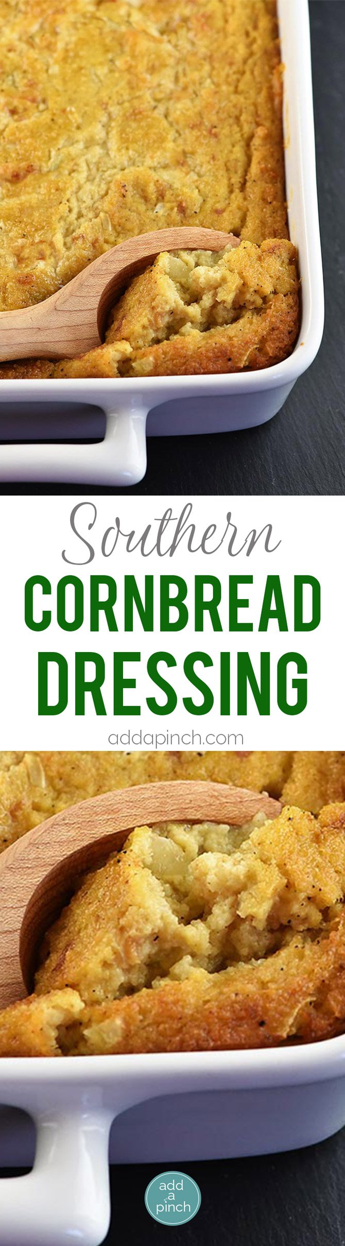 Southern Cornbread Dressing - Southern Cornbread Dressing makes a comforting, classic dish for the holidays! Moist and delicious, cornbread dressing makes the perfect side dish! // addapinch.com