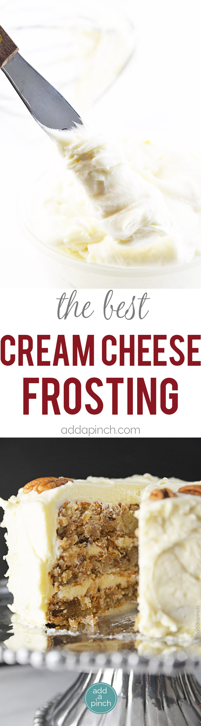 Cream Cheese Frosting makes the perfect frosting recipe for so many sweet treats. An easy, yet elegant cream cheese frosting recipe. // addapinch.com
