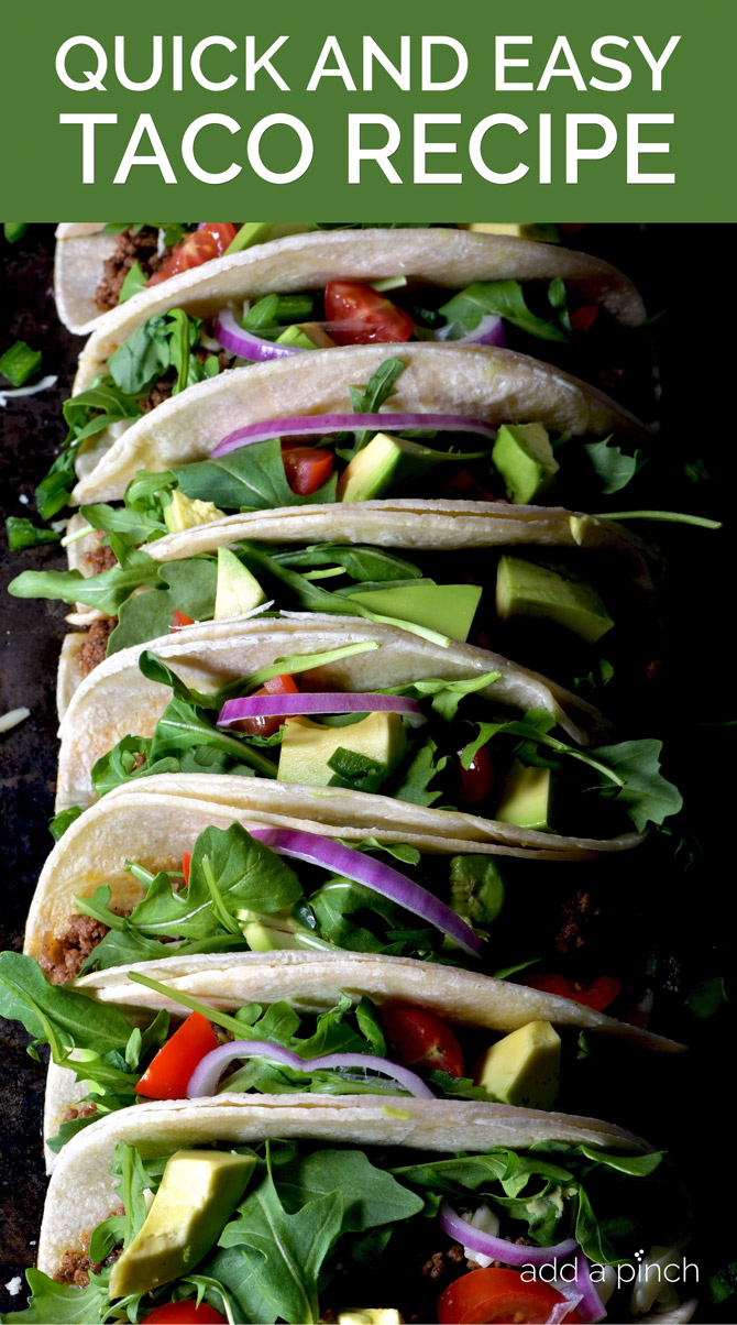 Stack of beef tacos with all the fixings // addapinch.com