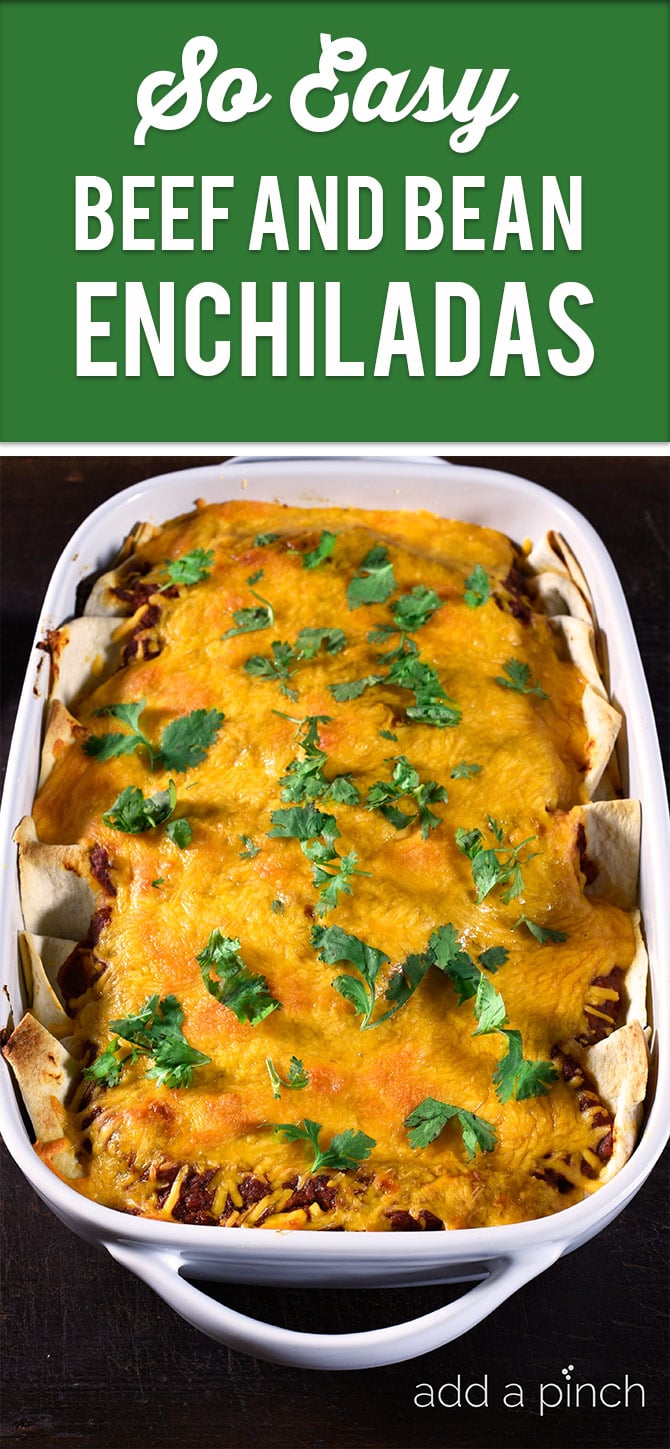 This easy beef and bean enchilada comes together quickly for a delicious recipe perfect for a weeknight supper! // addapinch.com