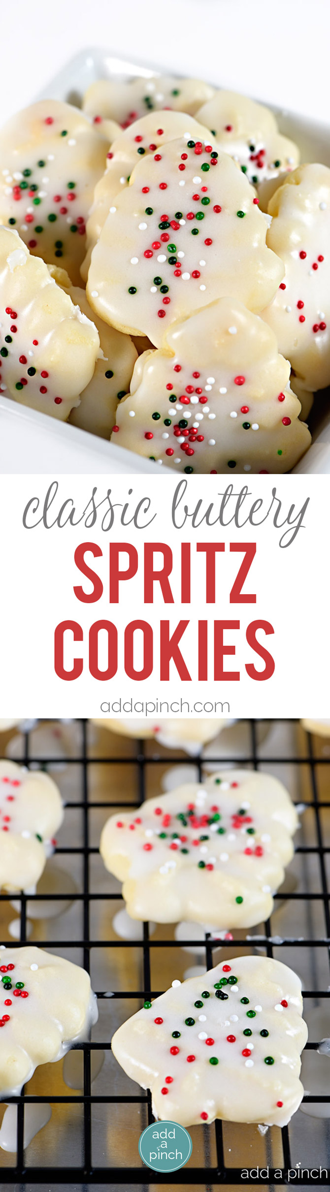 Classic Buttery Spritz Cookies make an easy delicious buttery cookie that comes together quickly! Perfect for special occasions and holidays, these spritz cookies are a favorite! // addapinch.com