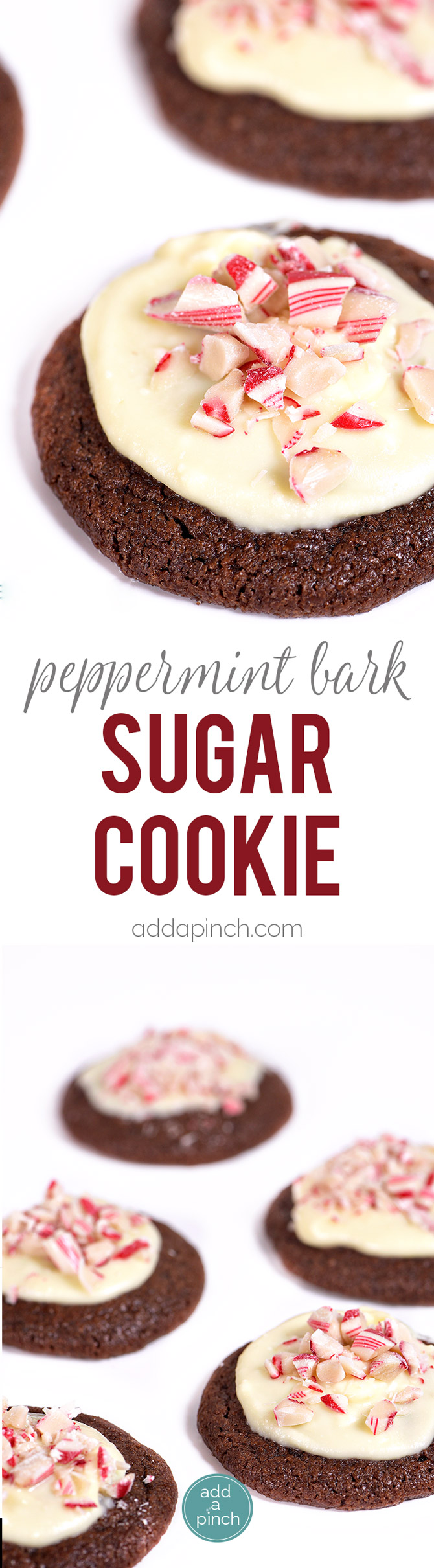 This Peppermint Bark Sugar Cookie recipe make for an easy favorite sugar cookie to serve throughout the holidays and winter! // addapinch.com