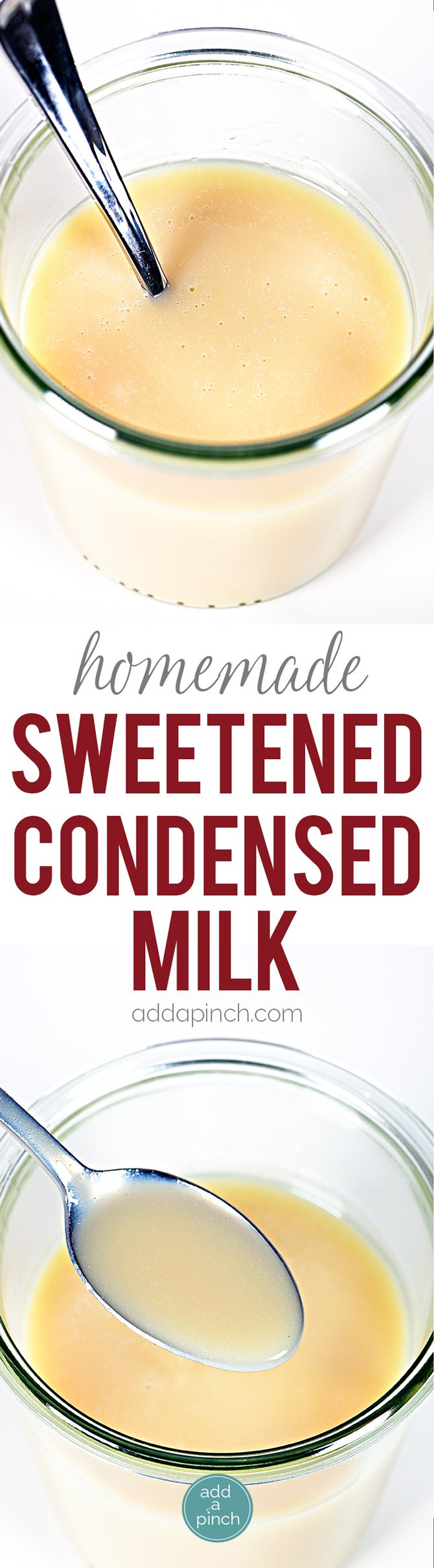 Homemade Sweetened Condensed Milk Recipe - This Homemade Sweetened Condensed Milk recipe makes a delicious, made from scratch version of sweetened condensed milk that you can use in coffee, baking, ice cream and more! // addapinch.com