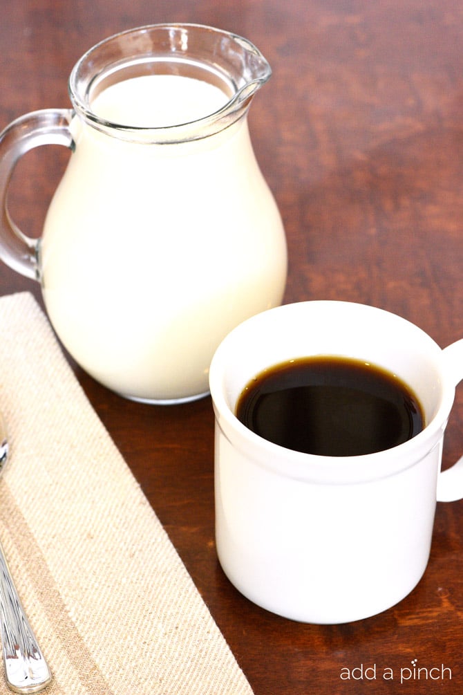 Homemade Coffee Creamer makes a quick, easy, and delicious treat for your coffee! Made with just four ingredients and ready in minutes! // addapinch.com