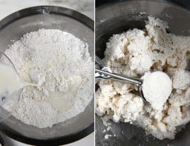 Two photos showing how to make dumplings for chicken and dumplings.