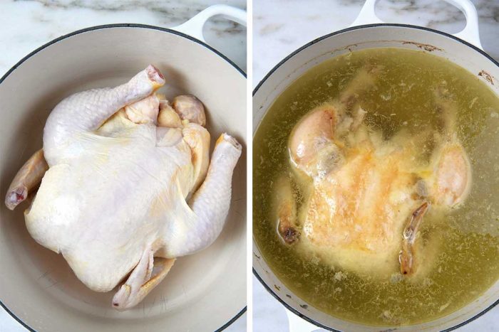 Two photos side by side showing how to cook a whole chicken in a Dutch oven.