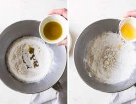 Two side by side photos of making pizza dough by adding olive oil and honey