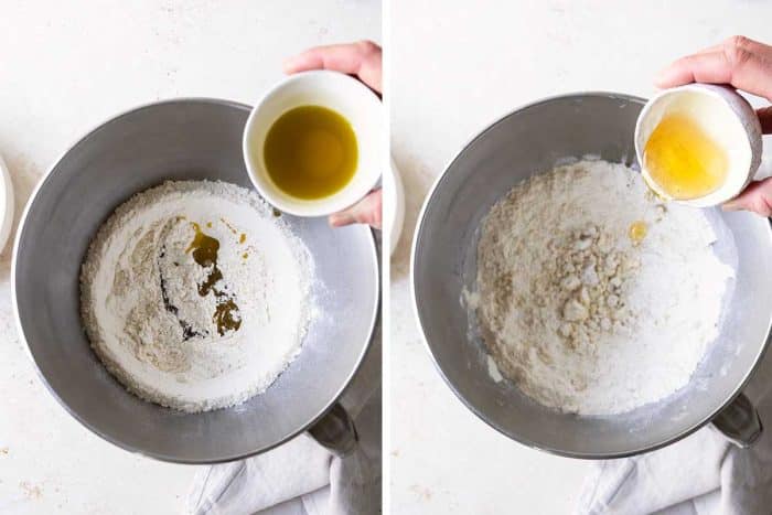 Two side by side photos of making pizza dough by adding olive oil and honey