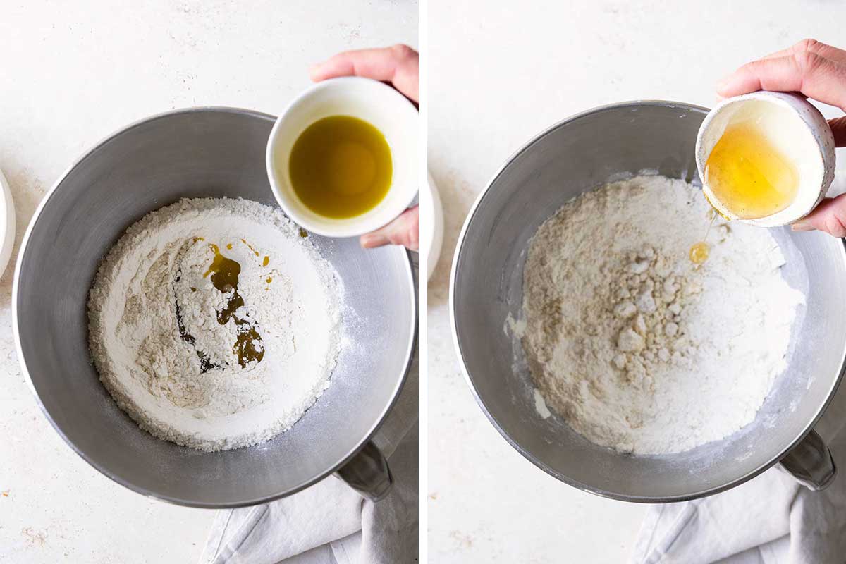 Two side by side photos of making pizza dough by adding olive oil and honey