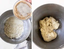 Side by side photos of adding yeast and mixing pizza dough.