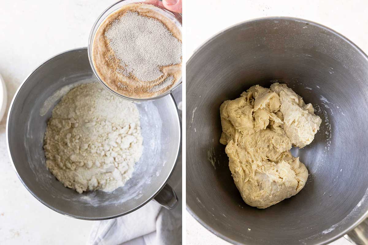 Side by side photos of adding yeast and mixing pizza dough.