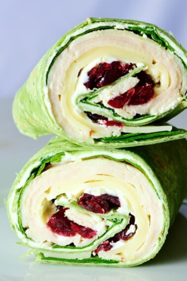 Turkey wraps on a white plate with white background.