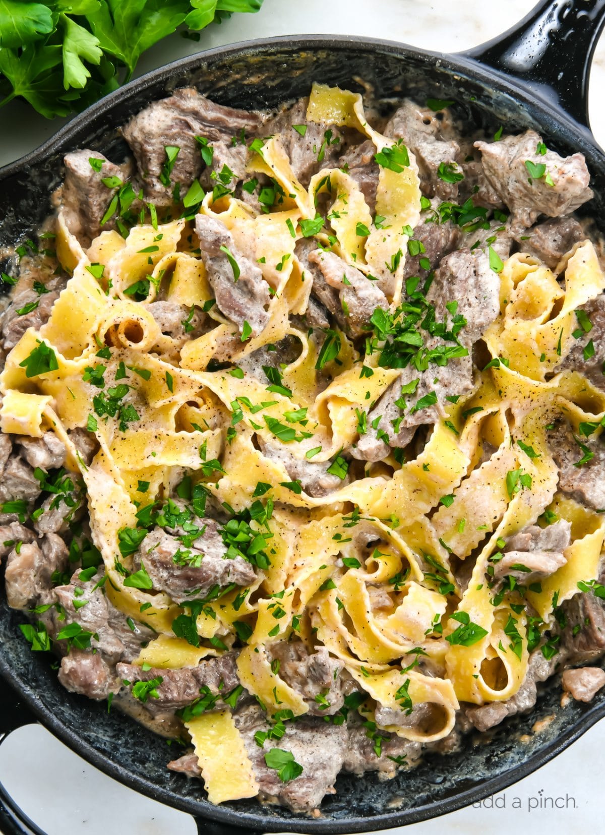 Photograph of beef stroganoff in a skillet with egg noodles and topped with parsley.