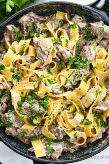 Photograph of beef stroganoff in a skillet with egg noodles and topped with parsley.