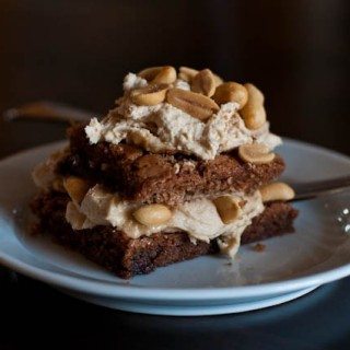 Fudge Cake with Peanut Butter Frosting | addapinch.com
