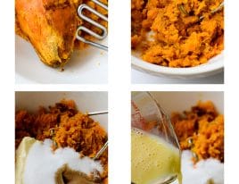Collage photograph showing step by step instructions on how to make a sweet potato pie.