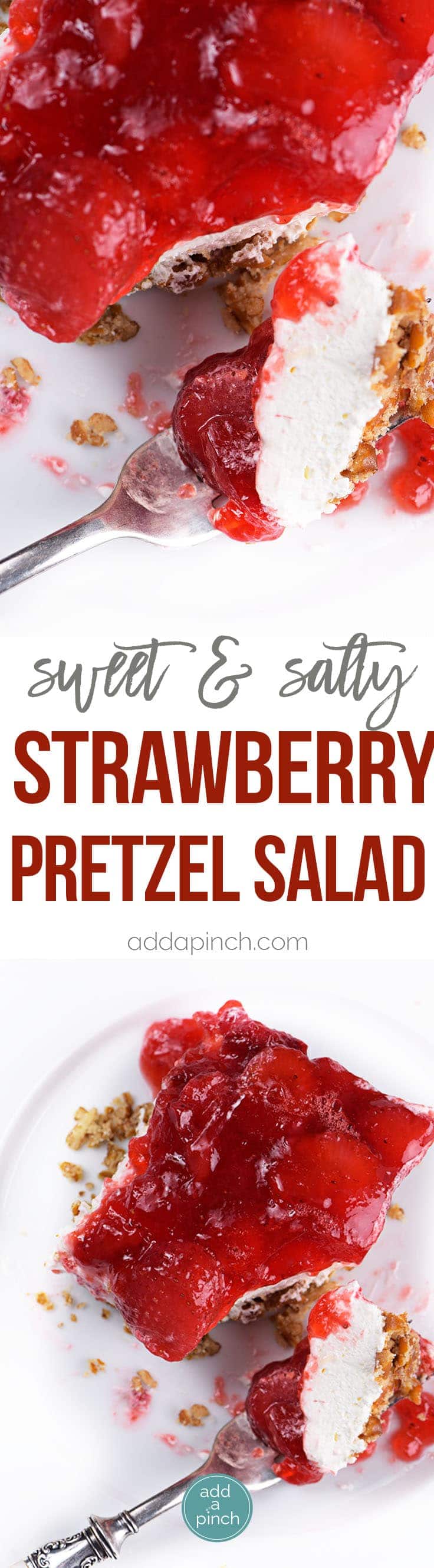 Strawberry Pretzel Salad Recipe - Strawberry Pretzel Salad makes a classic, nostalgic recipe. A creamy, fruity recipe made with strawberry gelatin, cream cheese, whipped topping, and pretzels. It is always a favorite. // addapinch.com