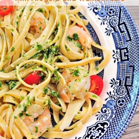 Shrimp Pasta with Arugula and Walnut Pesto Recipe | Add a Pinch