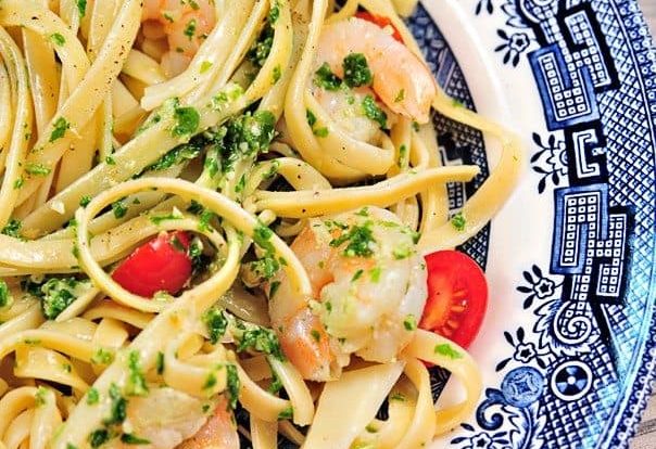 Shrimp Pasta with Arugula and Walnut Pesto Recipe