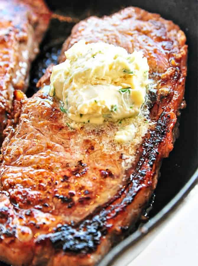 Skillet Steak with Gorgonzola Herbed Butter Recipe - Make a restaurant quality steak at home using these helpful tips and recipe! // addapinch.com