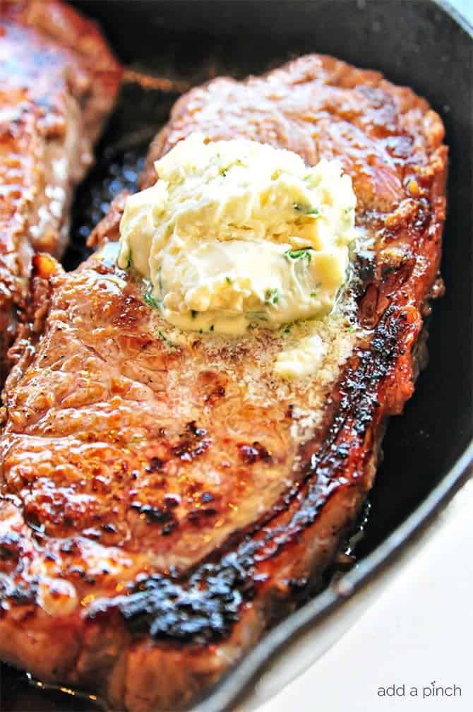Skillet Steak with Gorgonzola Herbed Butter Recipe - Make a restaurant quality steak at home using these helpful tips and recipe! // addapinch.com