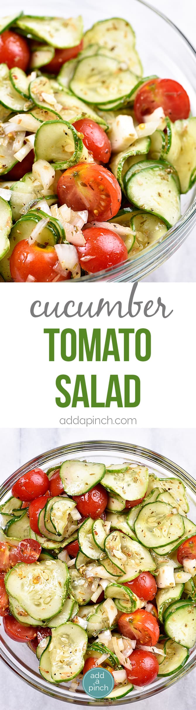 Cucumber Tomato Salad Recipe - A quick and easy summer staple, this cucumber and tomato salad goes well with fish, chicken, pork, or a plate filled with veggies! Add in onions too if you like! // addapinch.com