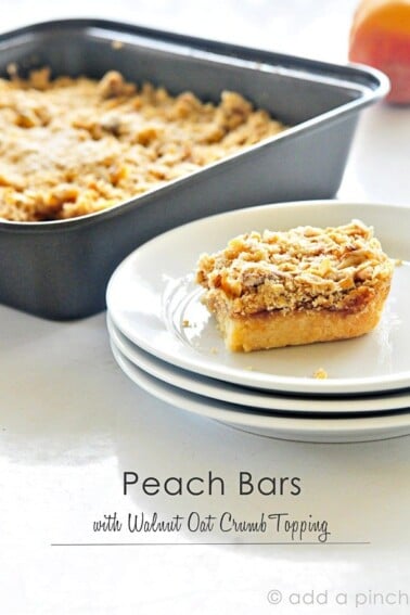 Peach bars make a wonderful make-ahead breakfast, delicious snack, or an amazing dessert. Made with shortbread and a oat crumble, these peach bars are a favorite!